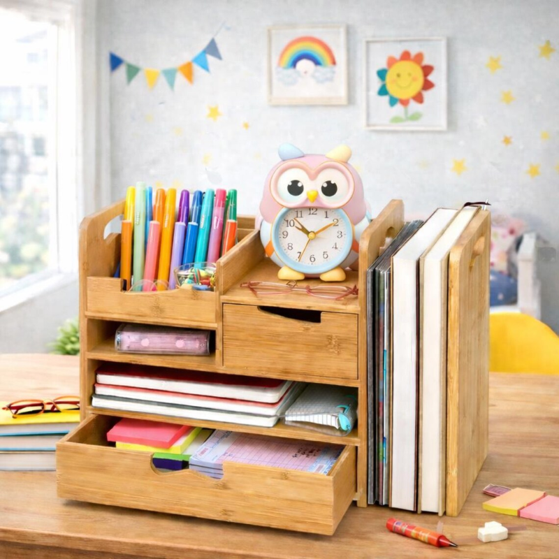 Smart Hub Gear Bamboo Expandable Desk Organizer with Drawer