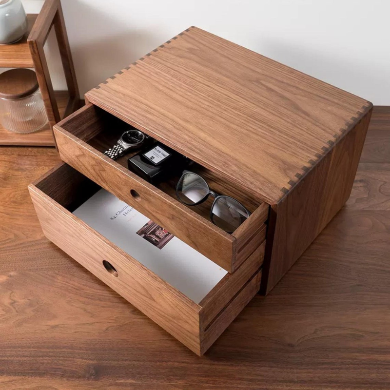 Smart Hub Gear Solid Walnut Wood Desktop Storage Box with 2 Drawers
