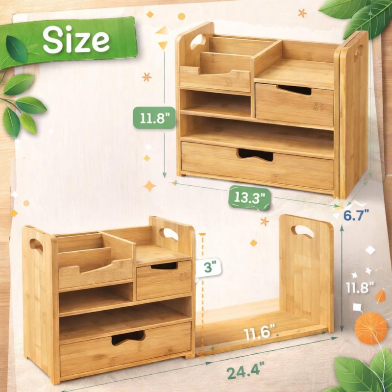 Smart Hub Gear Bamboo Expandable Desk Organizer with Drawer