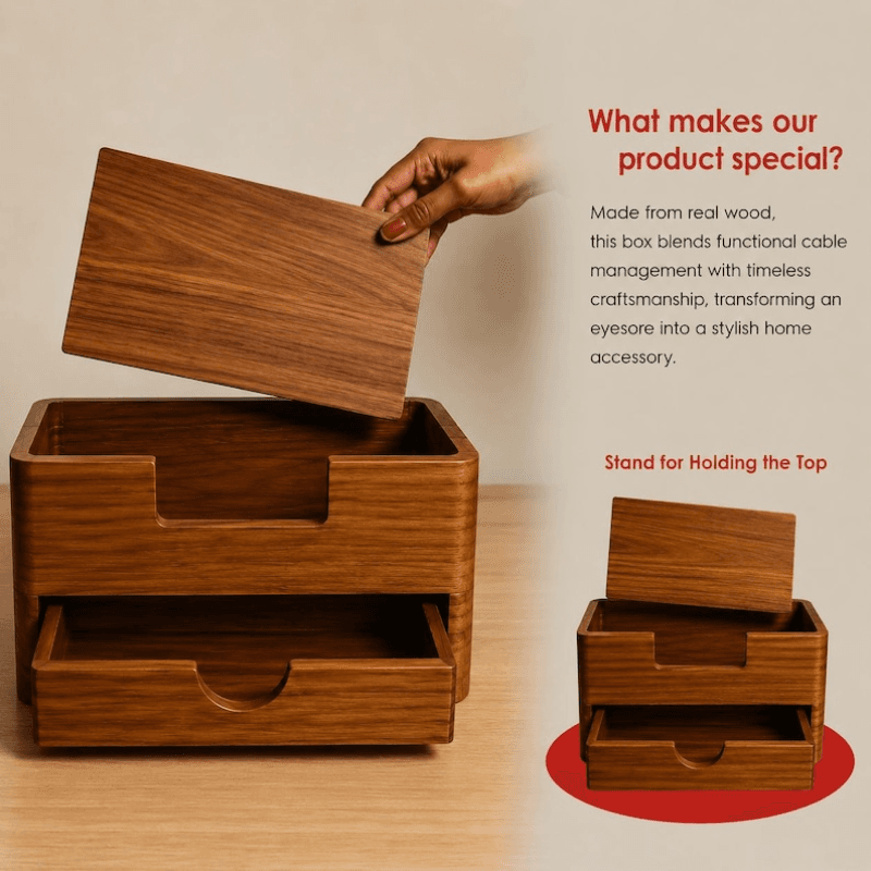 Smart Hub Gear Handcrafted Solid Wood Cable Management Box
