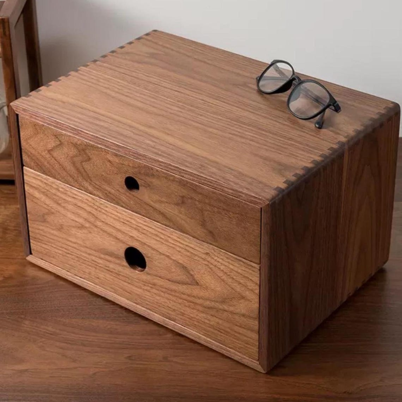 Smart Hub Gear Solid Walnut Wood Desktop Storage Box with 2 Drawers