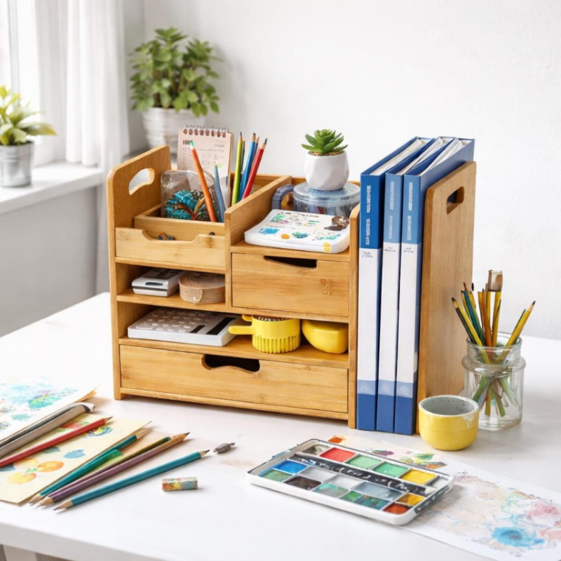 Smart Hub Gear Bamboo Expandable Desk Organizer with Drawer