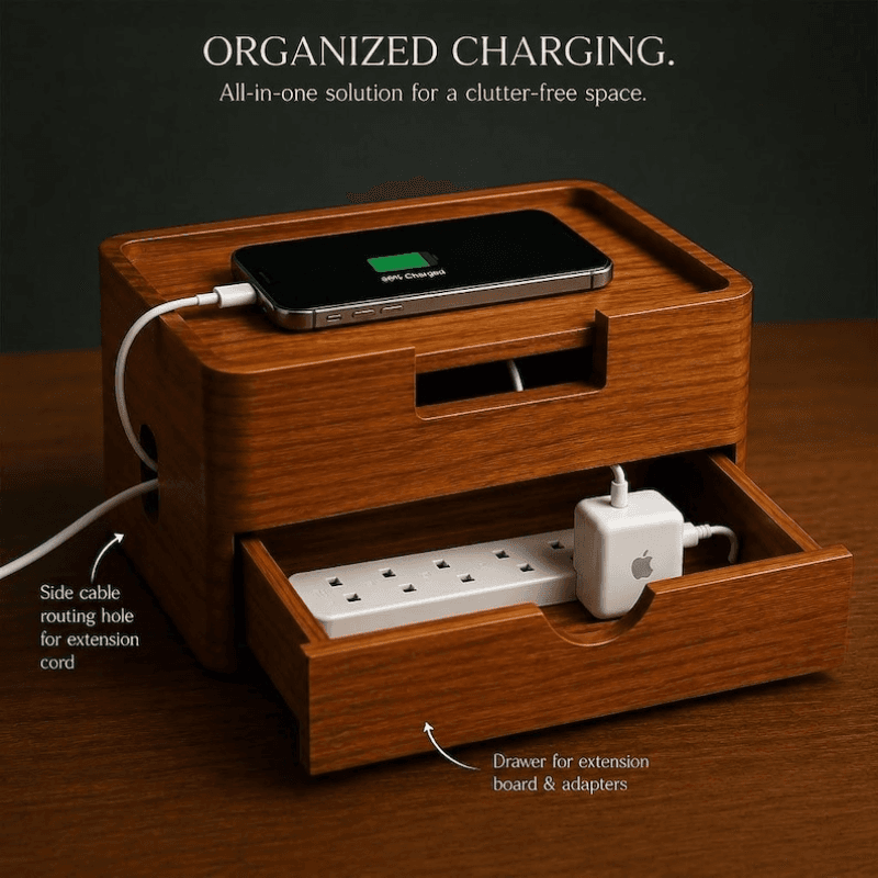 Smart Hub Gear Handcrafted Solid Wood Cable Management Box