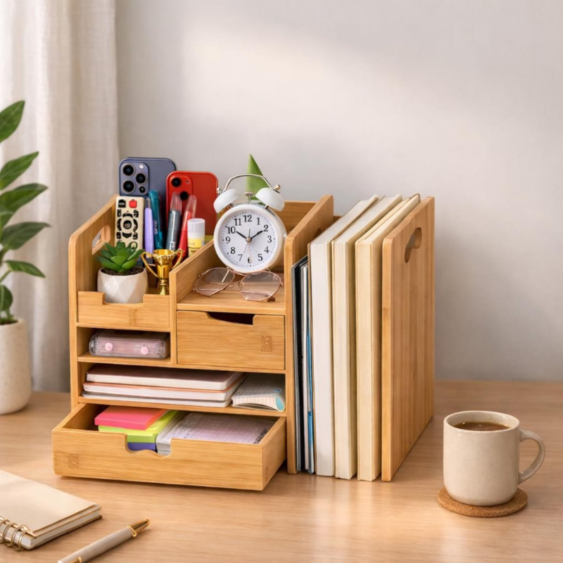 Smart Hub Gear Bamboo Expandable Desk Organizer with Drawer
