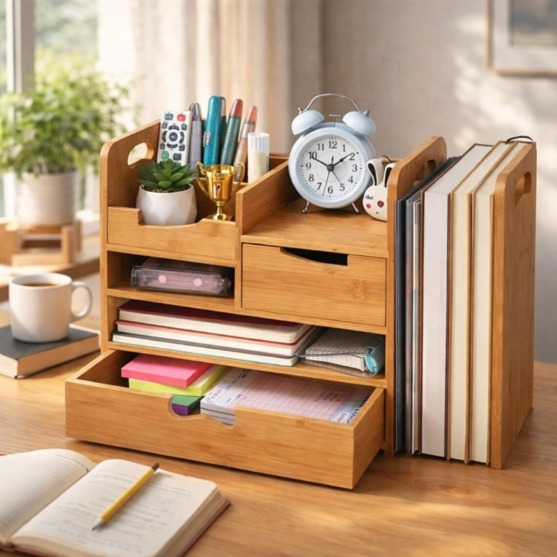 Smart Hub Gear Bamboo Expandable Desk Organizer with Drawer