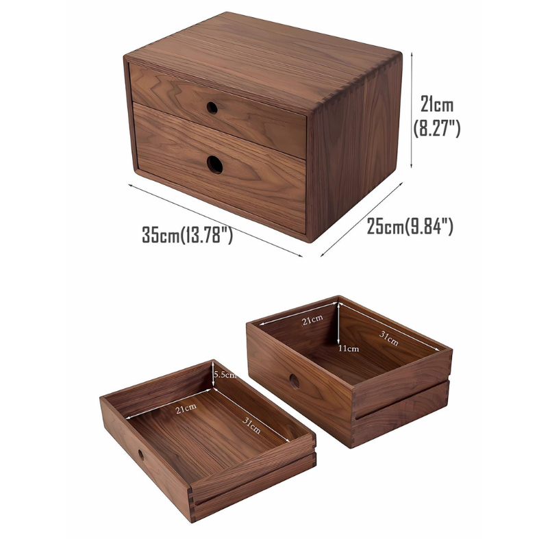Smart Hub Gear Solid Walnut Wood Desktop Storage Box with 2 Drawers