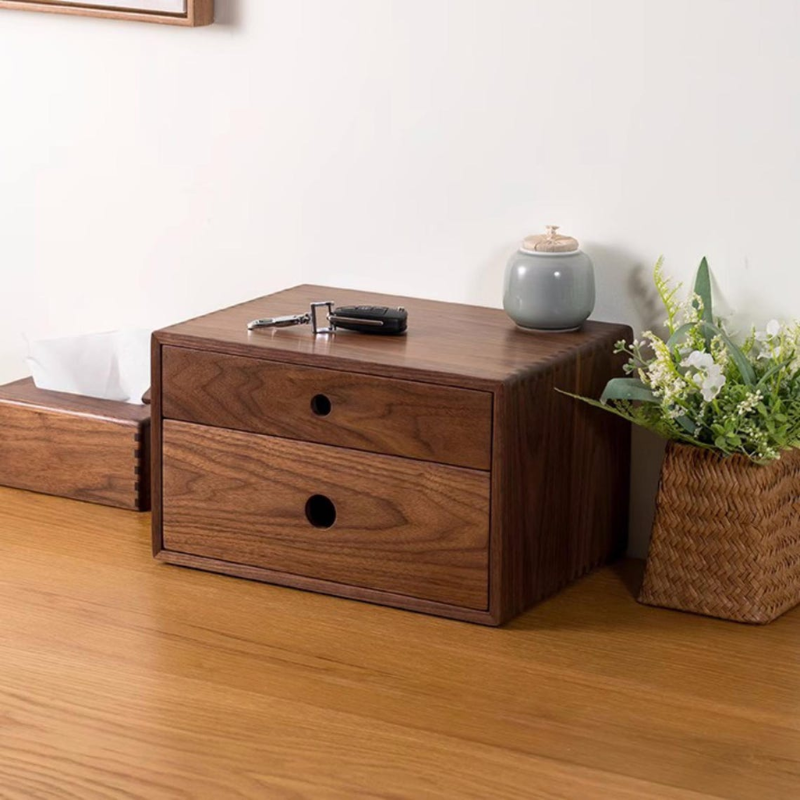 Smart Hub Gear Solid Walnut Wood Desktop Storage Box with 2 Drawers
