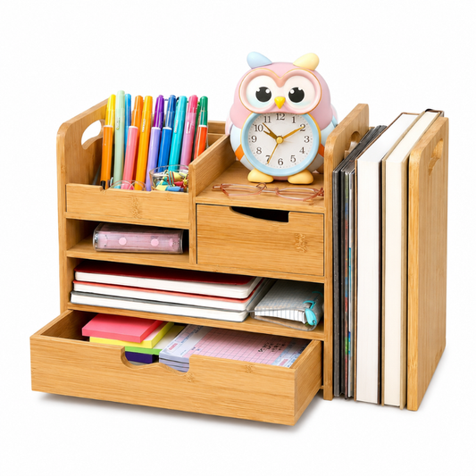 Smart Hub Gear Bamboo Expandable Desk Organizer with Drawer